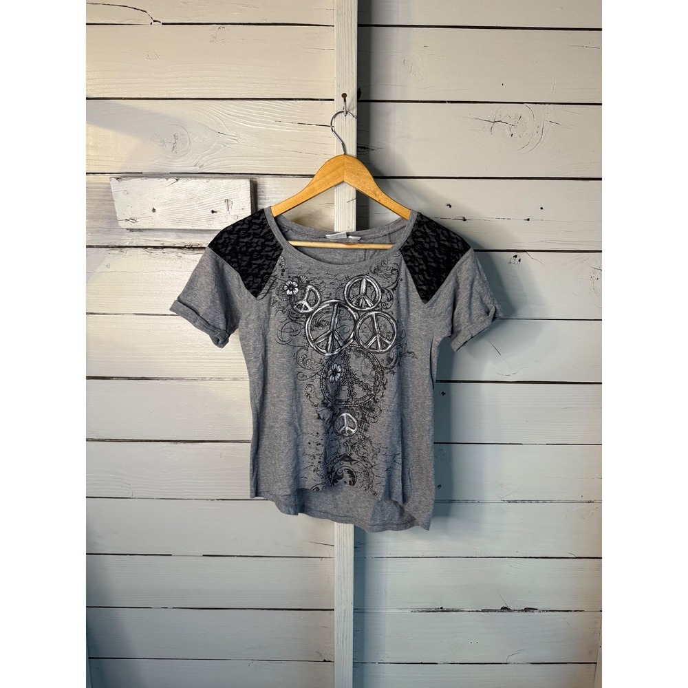Cato Girls Gray Peace Sign Graphic T-Shirt Lace Shoulder Sparkle XL 16